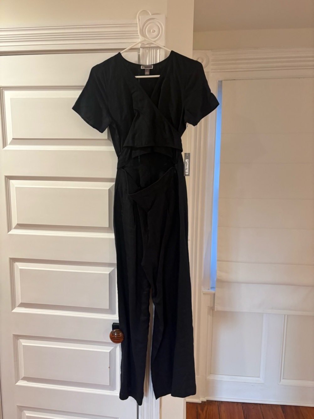 Nordstrom Chelsea28 100% Linen Black Wrap-Front Jumpsuit